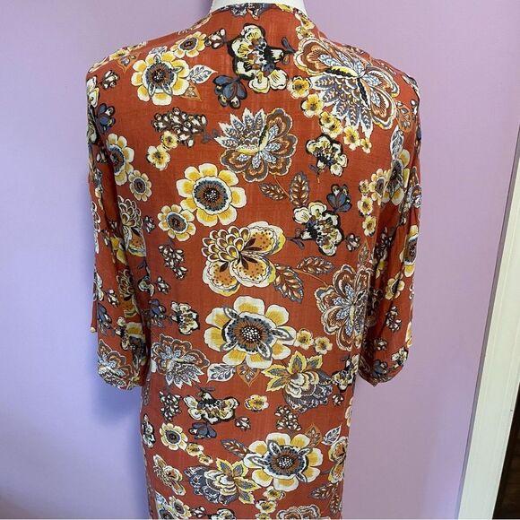 H.I.P Retro Orange Floral Duster Kimono Short Bell Sleeves Open Front Rayon M/L - Picture 8 of 12
